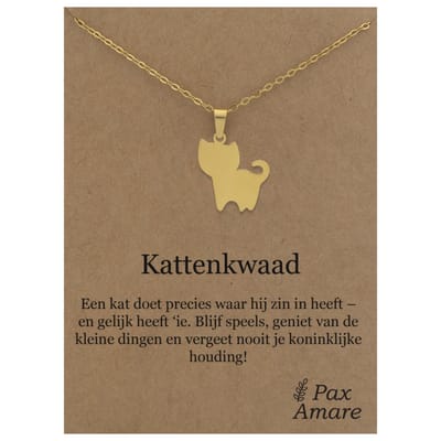 Stainless Steel Katje ketting op Cadeau Kaartje - Kattenkwaad - 45cm Zilverkleurig Roestvrij Staal - Pax Amare