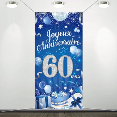 SnelShoppen - DPKOW Deurbanner Happy Birthday 60 Jaar - Deurbanner voor Mannen - 60e Verjaardag Versiering - Zilveren Blauwe Verjaardag Decoratie voor