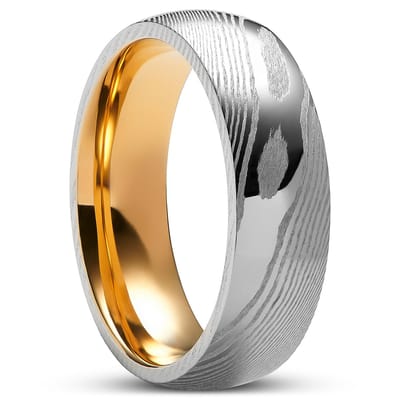 Fortis | 7 mm Ring van Damascusstaal en Goudkleurig Roestvrij Staal