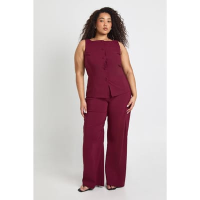 boohoo Dames Plus Super Stretch Getailleerd Lang Vest & Wijde Pijpen Broek | Wijn | Maat: 56