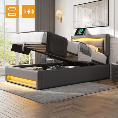 STILVORA Gestoffeerd bed 160x190 cm – Tweepersoonsbed Met USB-Poort, LED-Verlichting & Opbergruimte – PU Kunstleer – Grijs – Zonder Matras