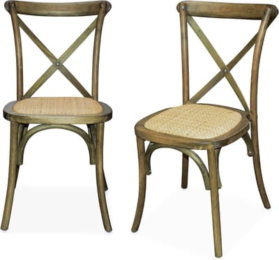sweeek - Set van 2 vintage rubberhouten bistrostoelen, zitting van rotan, stapelbaar - belleville