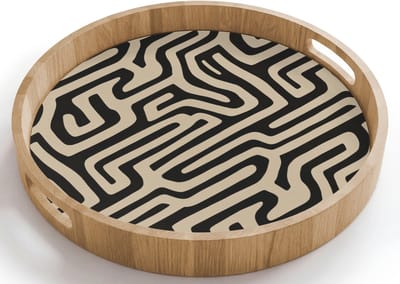 Dienblad rond 40x40 cm - Schootdienblad hout - Grafisch - Lijnen - Zwart - Borrelplank rechthoek - Plateau houten dienbladen