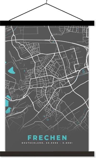 Posterhanger incl. Poster 60x90 cm - Schoolplaat - Stadskaart – Frechen – Duitsland – Plattegrond – Kaart - Textielposter - Zwarte latten - Stadskaart