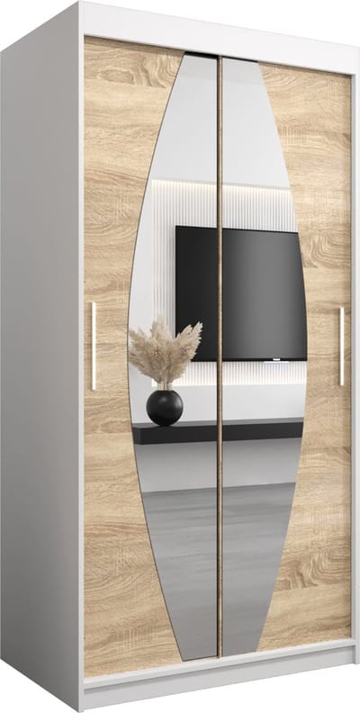 InspireMe - Kledingkast met 2 schuifdeuren, Modern-stijl, Een kledingkast met planken en een spiegel (BxHxD): 100x200x62 - GLOBE 100 Wit Mat + Sonoma Eik