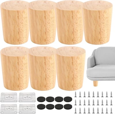 Robuuste 6 cm Eikenhouten Meubelpoten - 8 Stuks Ronde Poten met Montageplaten en Schroeven voor Kast, Bank, Bed, Stoel en Tafel