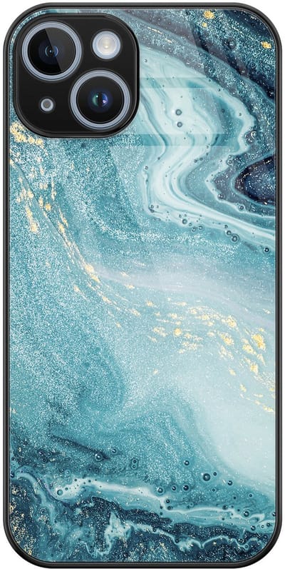 Hoesje geschikt voor iPhone 14 - Marmer blauw - Luxe Glazen Hardcase - Marmer - Blauw - Leuke Telefoonhoesjes