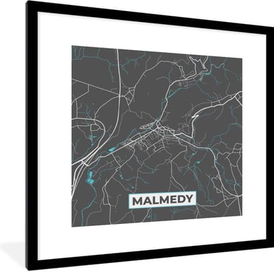 Fotolijst incl. Poster - Plattegrond – Malmedy – Blauw – Stadskaart - Kaart - België - 40x40 cm - Posterlijst
