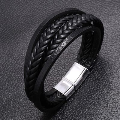 Heren Armband Leer met Dubbele Vlecht - Zwart met Stalen Sluiting - Leren Armbanden - Papa Cadeau Voor Mannen - Vaderdag