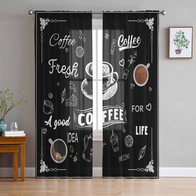 Koffiebonen Casual Zwarte Raam Tule Gordijnen voor Woonkamer Slaapkamer Hotel Luxe Decoratie Transparante Gordijnen 135W x 114H(cm) gray