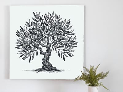 Line art olijfboom schilderij | Olijfboom lijnenspel: een artistieke verbeelding in minimalistische kunstvorm | Kunst - 60x60 centimeter op Forex | Foto op Forex