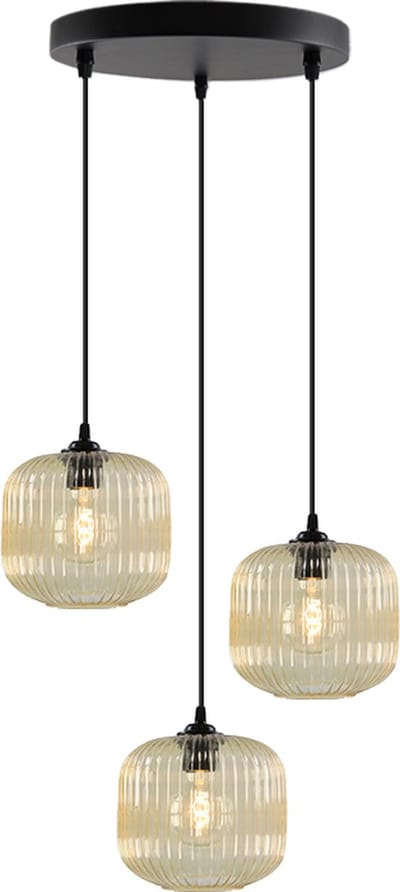 Olucia - CHARLOIS - Hanglamp - Amber / Zwart - 3L - Geschikt voor Woonkamer - Vorm: Rond