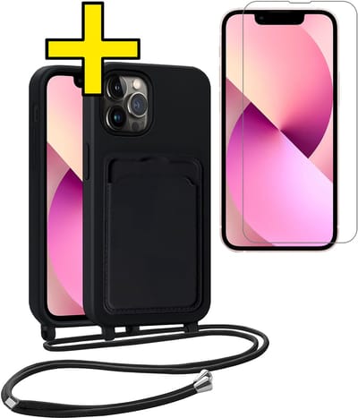 Hoesje Geschikt voor iPhone 13 Pro Telefoonhoesje Met Koord Case Pashouder Met Screenprotector Siliconen - Hoes Geschikt voor iPhone 13 Pro Hoesje Met Kaarthouder - Zwart