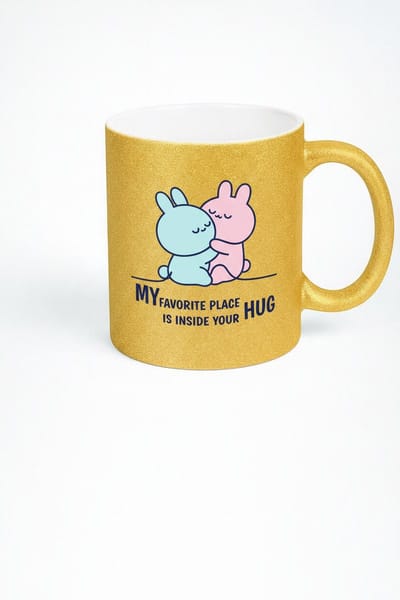Gouden Glitter Mok met Knuffelende Konijntjes - 'My Favorite Place' Liefdes Cadeau Beker