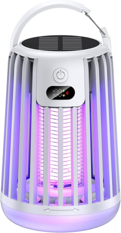 Elektrische vliegenvanger op zonne-energie en USB-C, oplaadbare insectenverdelger met dubbele UV-golf, draagbare muggenval met lantaarn voor binnen, buiten, huis, tuin en camping (wit)