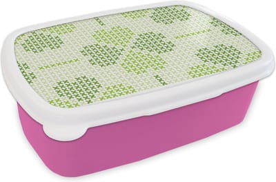 Broodtrommel Roze - Lunchbox - Brooddoos - Klaver - Patronen - Groen - 18x12x6 cm - Kinderen - Meisje