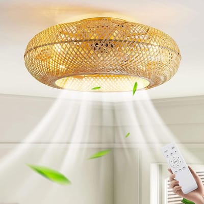 Plafondventilator Met Verlichting En Afstandsbediening E27 Retro Bamboe Plafondlamp Met Ventilator 6 Snelheden Omkeerbare Motor Plafondventilator Voor Woonkamer Slaapkamer Eetkamer Verlichting