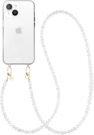 xoxo Wildhearts siliconen hoesje geschikt voor iPhone 15 Plus - Dusty White - Lang koord - Telefoonhoesje - Hoesje met koord - Kralenketting - Wit telefoonkoord - Transparant hoesje