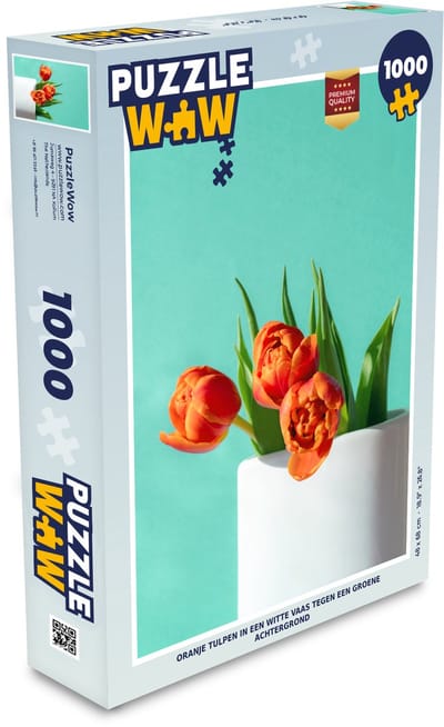 Puzzel Oranje tulpen in een witte vaas tegen een groene achtergrond - Legpuzzel - Puzzel 1000 stukjes volwassenen