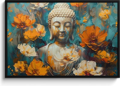 Poster in lijst - Fotolijst 120x80 cm - Posters - Buddha - Bloemen - Kleurrijk - Modern - Posterlijst zwart - Decoratie - Wanddecoratie woonkamer - Muurdecoratie slaapkamer