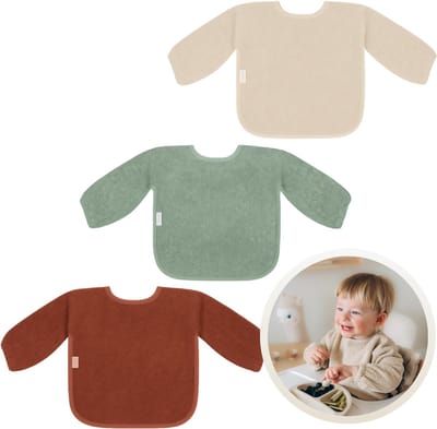 Funnies Slab met Mouwen 3-Pack Aardetinten - Set van 3 Zachte Slabbetjes voor Baby’s - 100% Katoenen Badstof - Makkelijk Wasbaar in de Wasmachine - Slabbetjes, Kwijlslab, Eet- en Speelslab - Ideaal voor Eten, Knutselen en Spelen