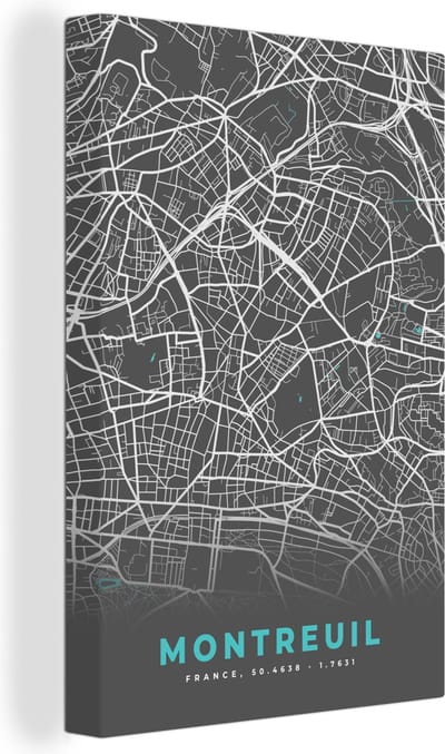 Canvas Schilderij Kaart - Plattegrond - Montreuil - Stadskaart - Frankrijk - 20x30 cm - Wanddecoratie