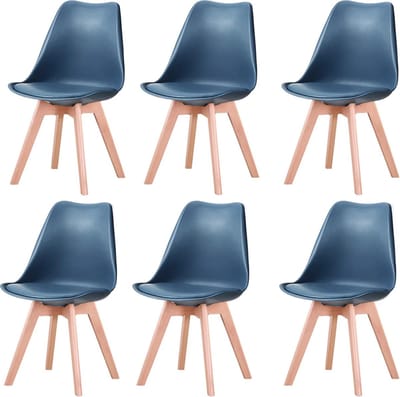 SteeFly® Luxe eetkamerstoelen - Set van 6 design stoelen - Ergonomisch - Donkerblauw met hout onderstel - Zithoogte: 43cm