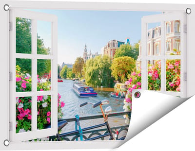 Gards Tuinposter Doorkijk Amsterdamse Kanaal met Bloemen - 60x40 cm - Tuindoek - Tuindecoratie - Wanddecoratie buiten - Tuinschilderij