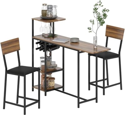 Bartafel met krukken - Eetgroep keuken - Kleine ruimtes - Uittrekbaar met wijnrek - 140x40x116cm - Bruin