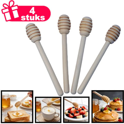 Decopatent - 4 Stuks Houten Honinglepels Set - Minimalistische Honingdraaier - Honeydipper - Honeysticks - Honing Dipper - Sirooplepel - Vier Stuks Honing Lepels Hout