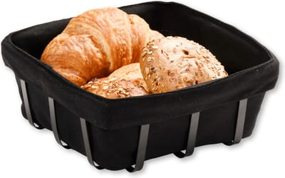 Kesper Broodmandje met stof - metaal/peva - zwart - vierkant - D22 x H9 cm - tafel serveermandje
