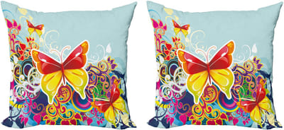 ABAKUHAUS Decoratieve kussenhoes met vlindermotief, 2 stuks, natuurlijke bladeren en vlinder, 50x50 cm, lichtblauw