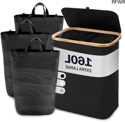RFWR® Wasmand met deksel en 3 vakken - Opvouwbare wassorteerder van bamboe en hout - 160 liter