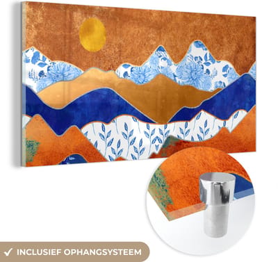MuchoWow® Glasschilderij 40x20 cm - Schilderij acrylglas - Goud - Delfts Blauw - Bergen - Foto op glas - Schilderijen