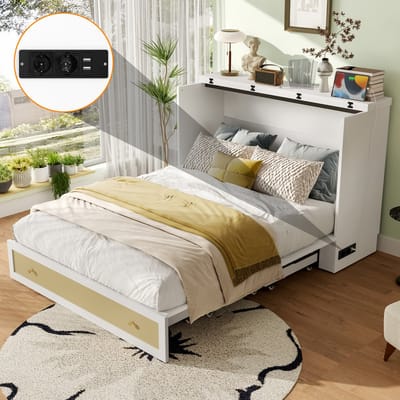 Opklapbed - 140x200 cm - Mobiel met Lades - Plank en USB - Hout - Wit