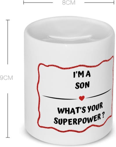 Akyol - i'm a son what's your superpower? Spaarpot - Zoon - super zoon - verjaardag - cadeautje voor zoon - zoon artikelen - kado - geschenk - 350 ML inhoud