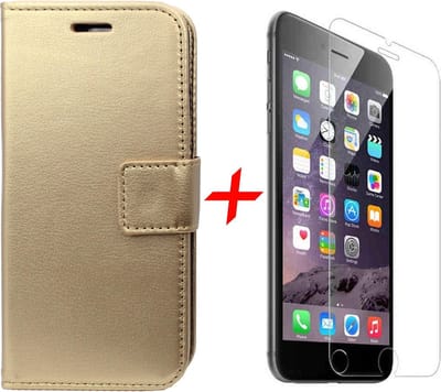 Hoesje geschikt voor Apple iPhone 6/6s - Kunstlederen Siliconen TPU Bookcase + Screenprotector Tempered Glass - Goud - van iCall
