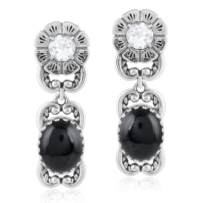 Cavill - 925 Sterling Zilver Oorbellen - Zwarte Agaat 4,05 ct & Witte Topaas 1,02 ct - Elegante Dames 32 mm