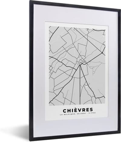 Fotolijst incl. Poster Zwart Wit- Stadskaart – Zwart Wit - Kaart – Chièvres – België – Plattegrond - 30x40 cm - Posterlijst