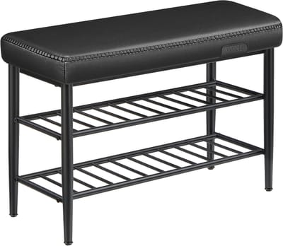 Wisselbank schoenrek 30 x 80 x 50 cm, zwart met 2 lagen schoenenplank, zacht en comfortabel zitvlak, stevig en duurzaam metalen frame, stijlvol en eenvoudig design, geschikt voor gang, entree en slaapkamer.