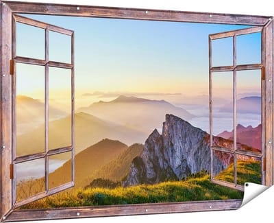 Gards Tuinposter Doorkijk Zonsopkomst in de Bergen in de Alpen - 180x120 cm - Tuindoek - Tuindecoratie - Wanddecoratie buiten - Tuinschilderij
