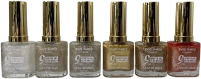 Easy Paris - Set met 6 Flesjes Glitter Nagellak - Transparant en Dekkend met Goud/Wit/Roze gekleurde en multi glitters - Inhoud per flesje 13 ml.