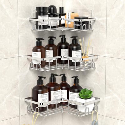 Famanu – Hoekdouche rek zonder boren, roestvrijstalen douche caddy, wandmontage badkamer organizer (3-delig)