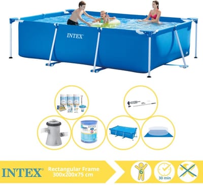Intex Rechthoekig Frame Zwembad - 300 x 200 x 75 cm - Blauw - Inclusief Solarzeil - Onderhoudspakket - Zwembadfilterpomp - Filter - Grondzeil - Stofzuiger - 7-delig