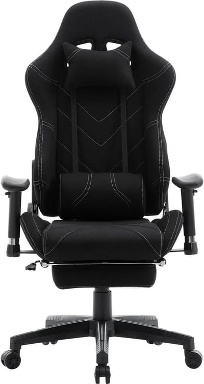 Gaming Stoel - Bureau – Racing - Ergonomische - Verstelbare - met Voetsteun - 155° Ligstand - Nekkussen - Lenden - Kunstleer – 360° Draaibare Wielen - Tot 136 kg Draagvermogen - Zwarte Stof