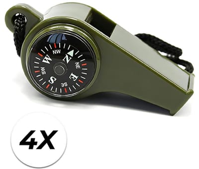 Noodfluitje 4 stuks – 3in1 Fluit – Noodfluit - Noodfluitje bij ramp – Noodfluitje met hoge decibel – SOS fluitje - Noodpakket Overheid - 120db - Donkergroen