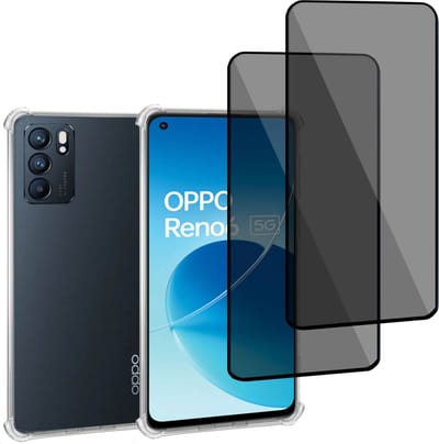 Geschikt voor OPPO Reno 6 - Hoesje + 2x Screenprotector – Gehard Glas Cover + Shock Proof Case - Transparant