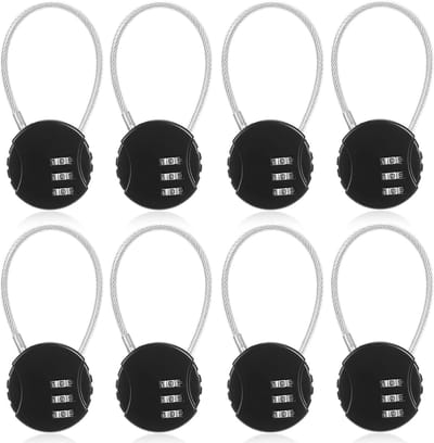 8 zwarte waterdichte combinatiesloten - Inclusief stalen kabel - Compact en draagbaar - Herstelbare combinatie - Geschikt voor schoolkluisjes, gymkluisjes, koffers en rugzakken