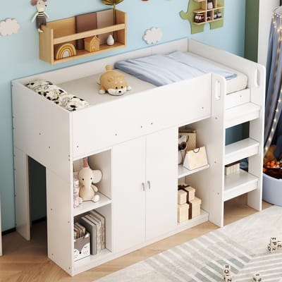 DESMIU Halfhoogslaper - Ruimtebesparend Met Kast En Open Vakken - Voor Kinderkamer En Kleine Ruimtes - Massief Hout - Wit - 90x200 Cm