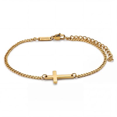 New Classics | 2 mm goudkleurige roestvrijstalen platte schakelarmband met kruis